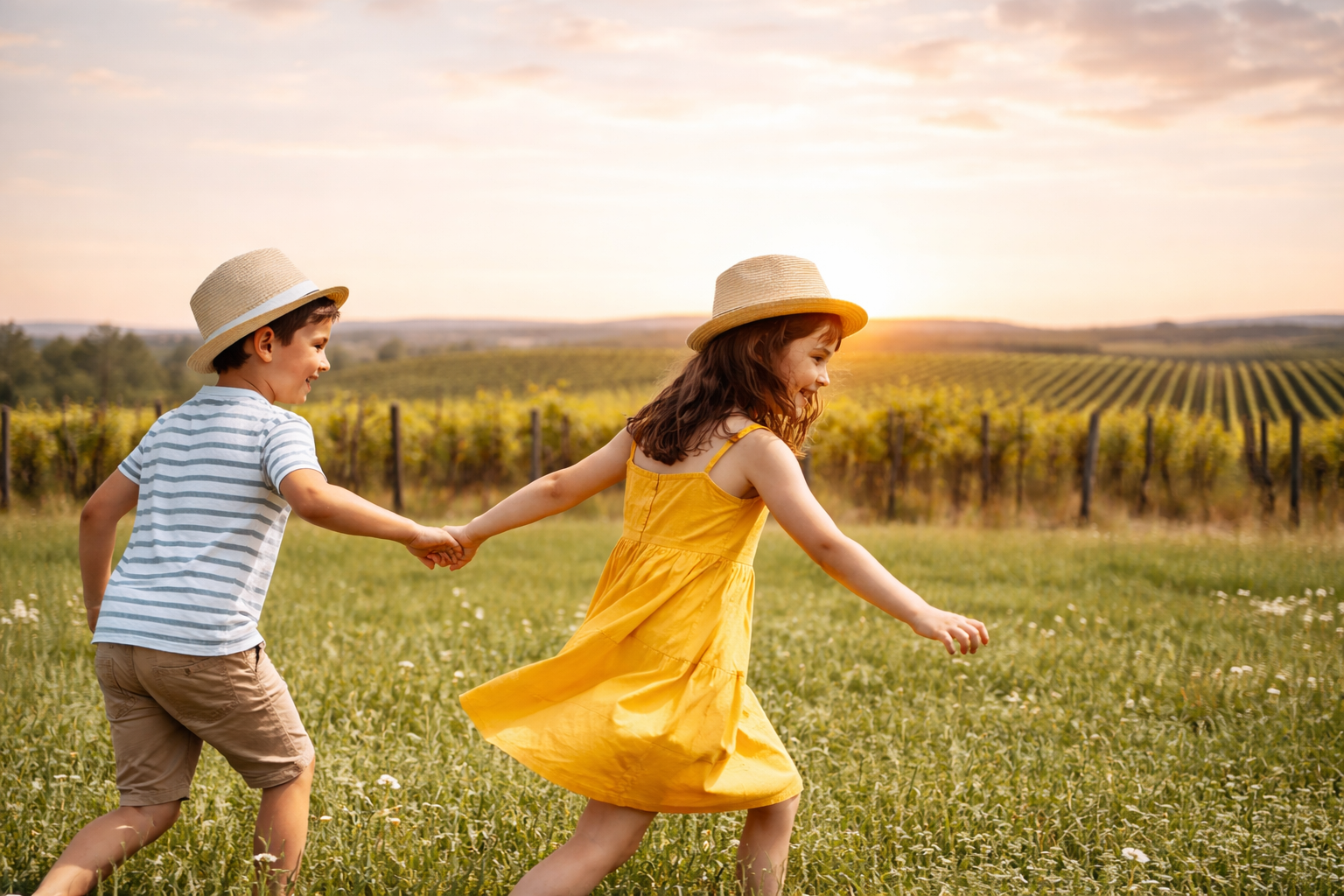 Zwei lachende Kinder laufen im warmen Sonnenuntergangslicht unbeschwert über eine Wiese.