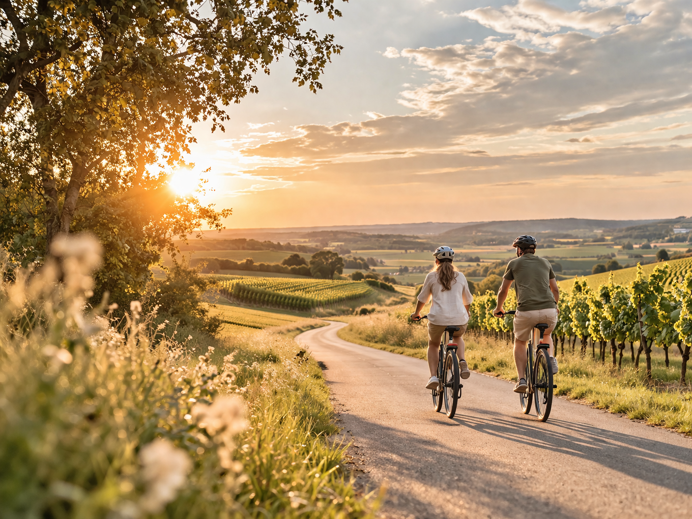 Zwei Radfahrer fahren auf einem Feldweg entspannt in den stimmungsvollen Sonnenuntergang.