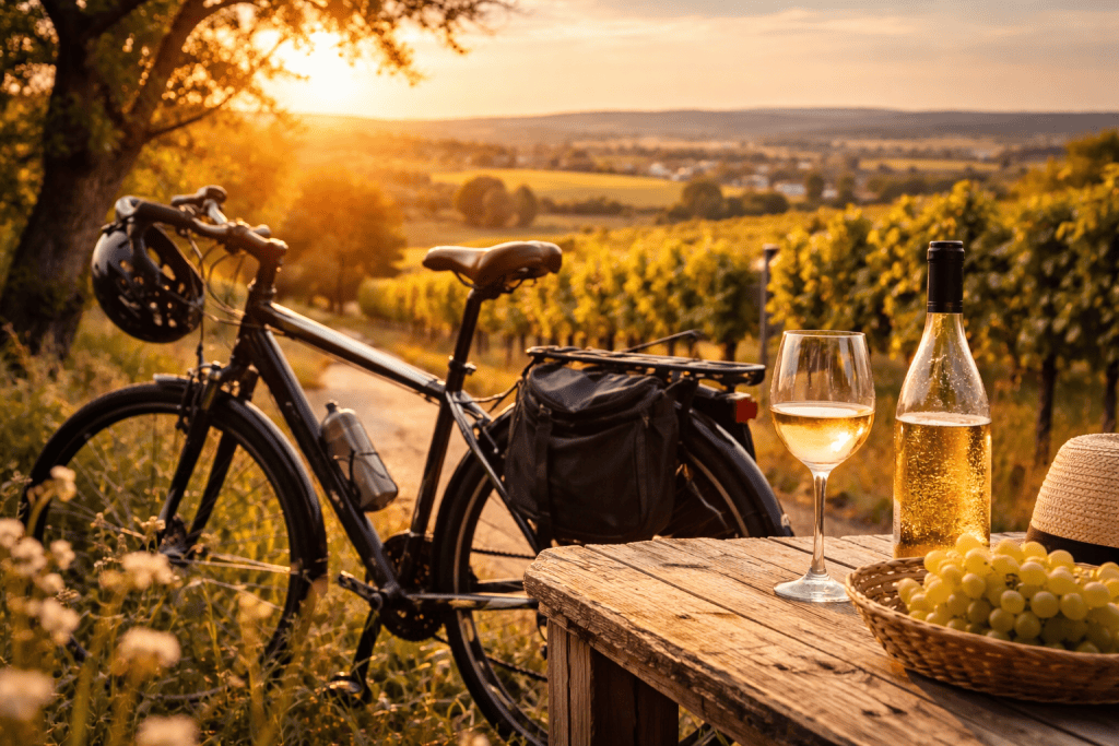 Eine wohlverdiente Pause bei einer Radtour mit einem Glas Weißwein und Blick auf die Weinberge.