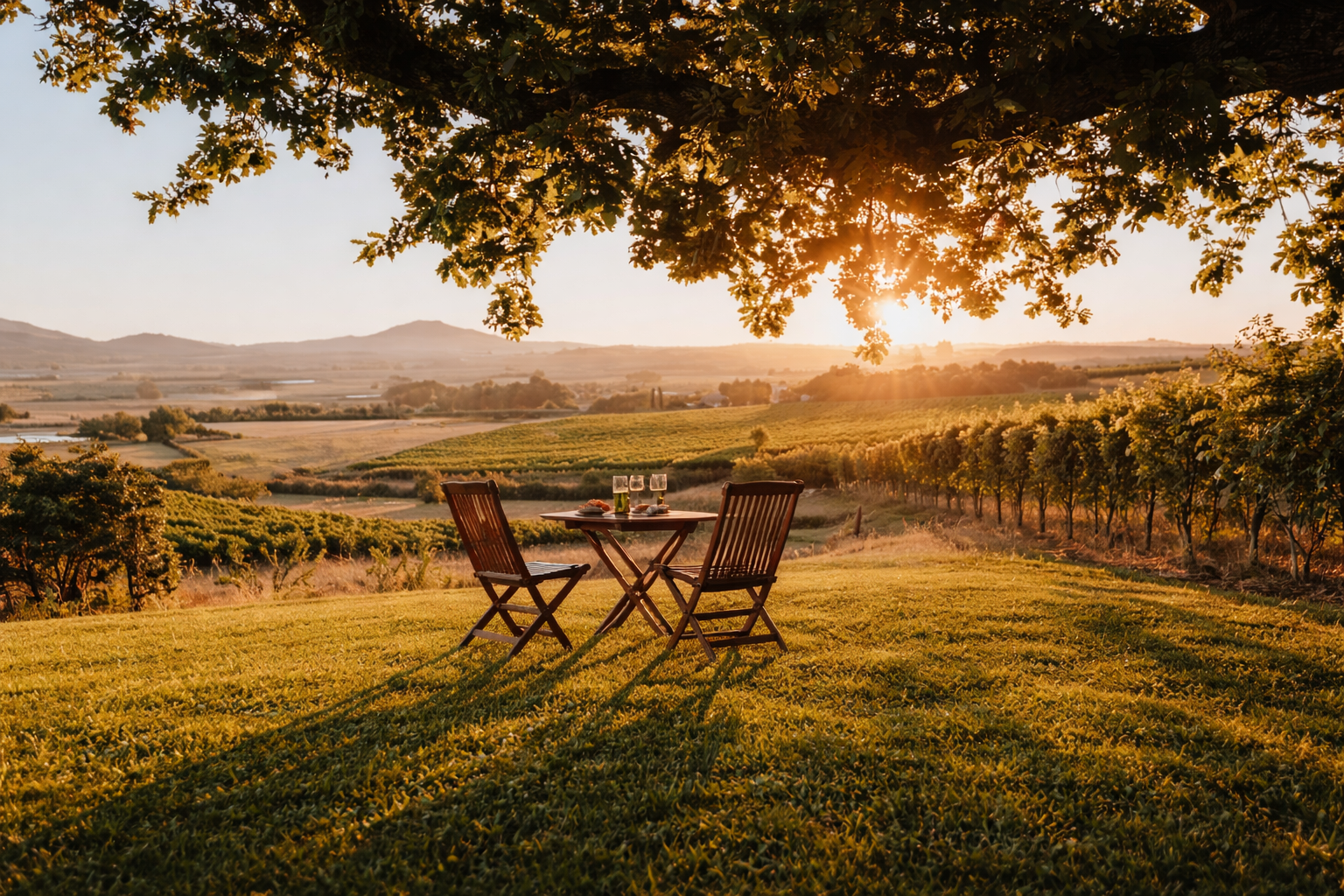 Zwei gemütliche Stühle an einem Tisch unter einem großen Baum mit weitem Panoramablick über die Weinberge.