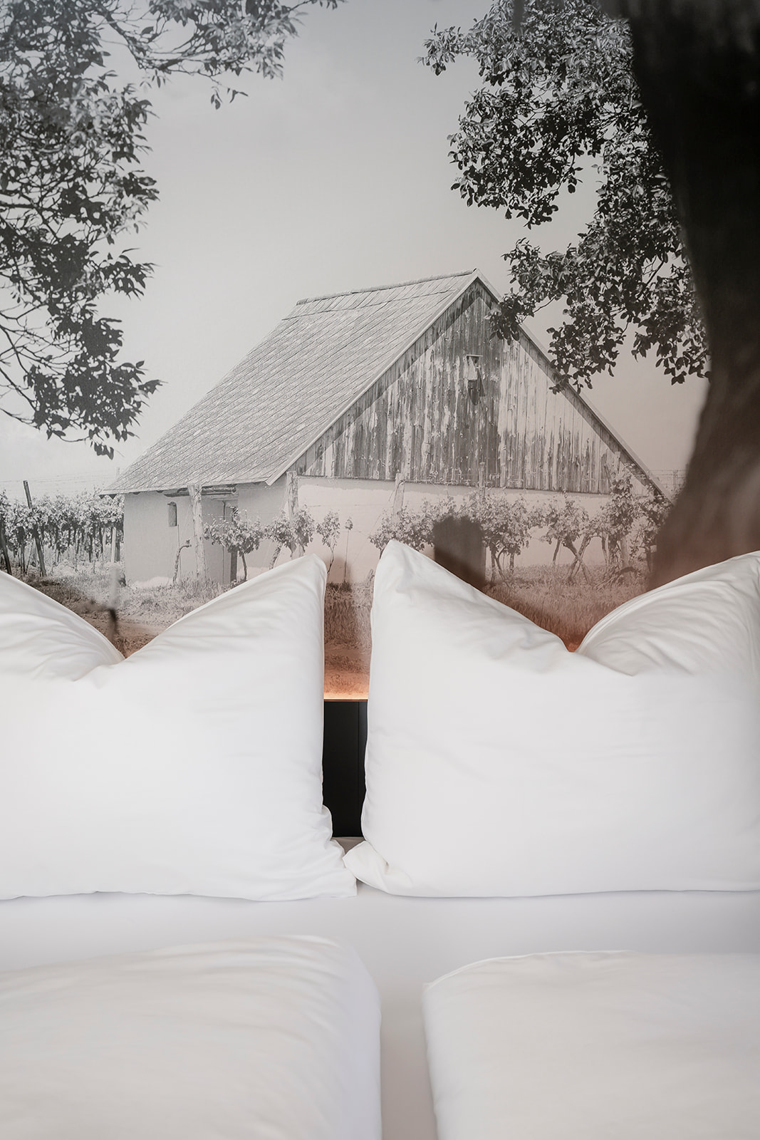 Gemütliches Doppelbett im Zollquartier mit Blick auf einen historischen Weinkeller im Weinviertel